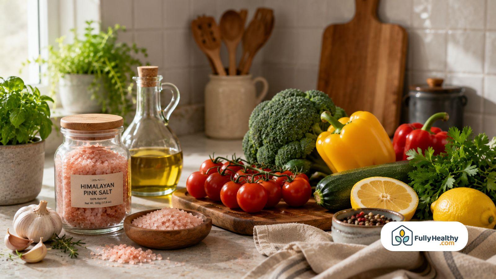 Himalayan pink salt beside fresh vegetables herbs and cooking ingredients on countertop