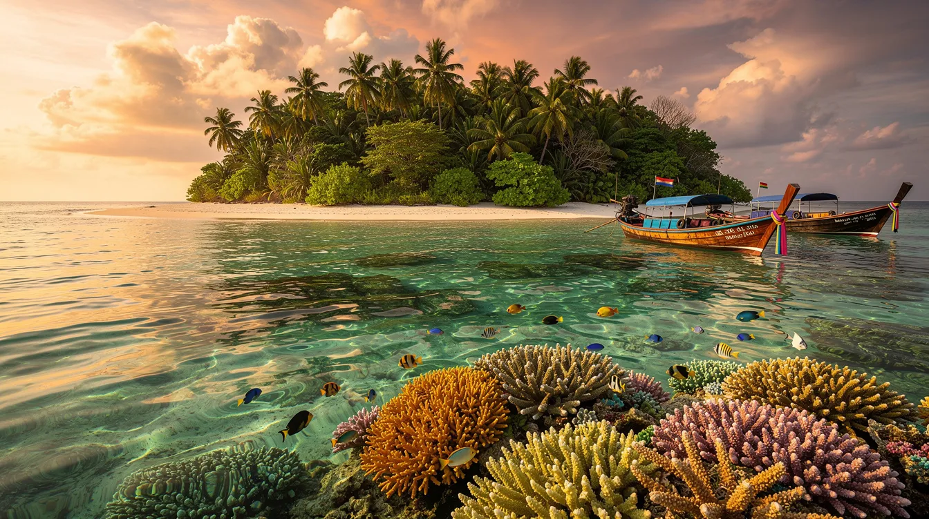 A imagem mostra uma linda ilha de coral na Tailândia, com águas cristalinas e praias de areia branca, típica da região de Phi Phi. Ao fundo, destaca-se a vegetação exuberante e formações rochosas, criando um cenário paradisíaco que atrai turistas do mundo todo.
