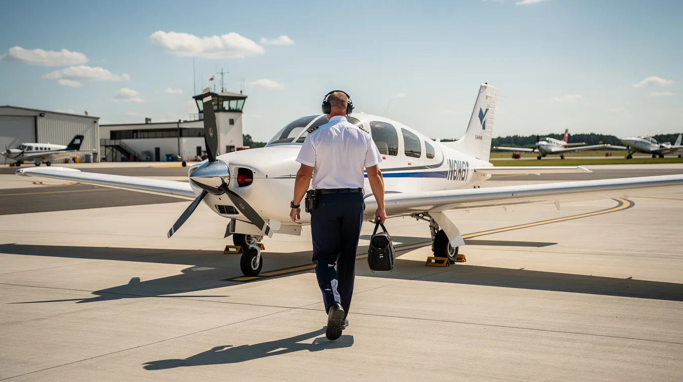 A pilot in a uniform confidently walks toward a small single-engine airplane at a general aviation airport on a bright sunny day, symbolizing the beginning of flight training and the journey toward obtaining a private pilot certificate. The scene captures the essence of aviation and the excitement of aspiring pilots ready to embark on their training programs.