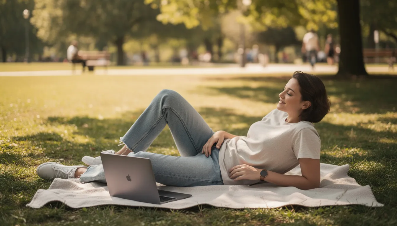 The image shows a person peacefully relaxing outdoors with a closed laptop beside them, embodying the concept of a healthy work-life balance and the benefits of unlimited paid time off. This serene setting highlights the importance of personal time for employee wellness and reducing burnout.