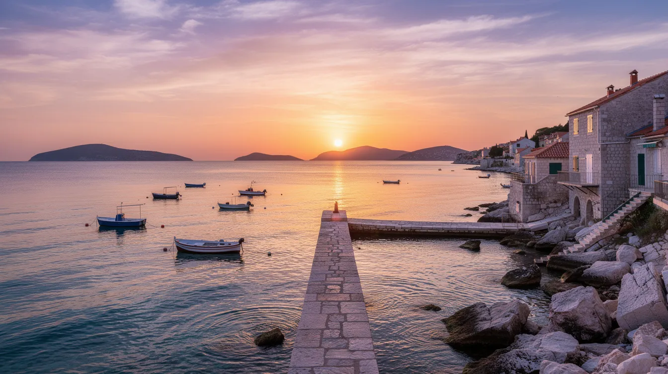 A imagem retrata um deslumbrante pôr do sol na Croácia, com o sol se pondo sobre o mar Adriático, tingindo o céu de tons alaranjados e rosados. Ao fundo, a silhueta de uma cidade costeira, possivelmente Dubrovnik, se destaca sob a luz suave do crepúsculo.
