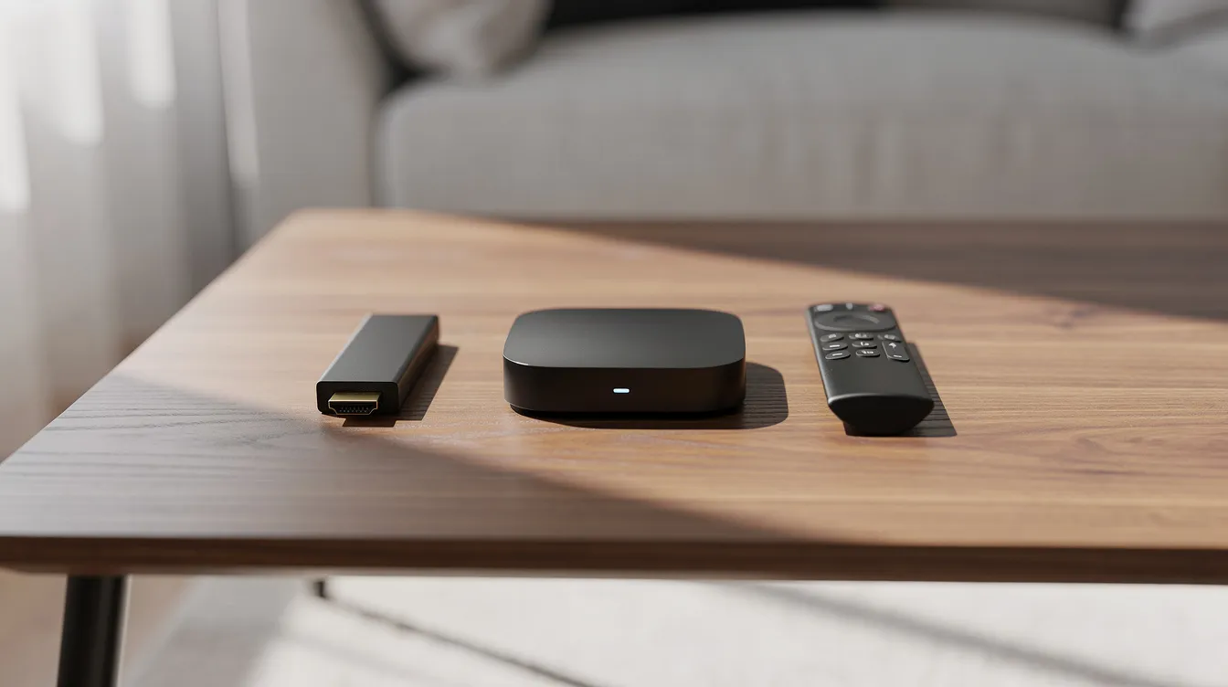 The image features a collection of streaming devices on a table, including a Fire TV stick, a sleek black streaming box, and a remote control, highlighting the variety of options available for accessing IPTV services. This arrangement showcases the modern approach to internet protocol television, allowing users to enjoy live TV channels and on-demand content seamlessly.