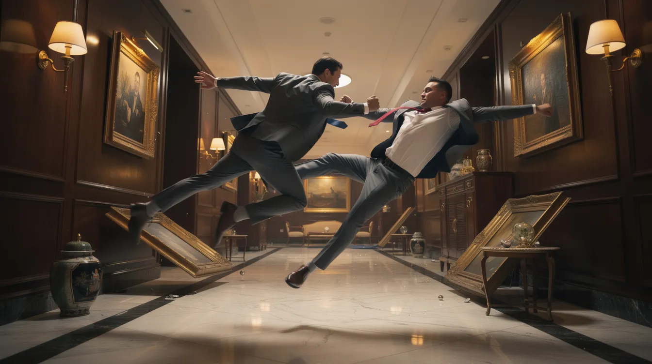 Ein Mann schwebt in einem eleganten Hotelflur, während er gegen einen anderen Mann kämpft, was an die faszinierenden Konzepte von Christopher Nolans Film "Inception" erinnert. Die gedrehte Schwerkraft und die dynamische Action schaffen eine beeindruckende Traumwelt, in der Realität und Fantasie miteinander verschmelzen.