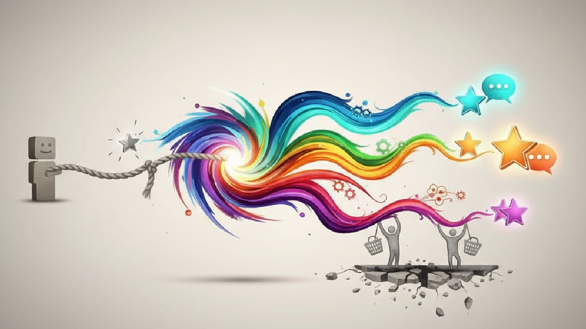A gray figure pulls a rope, releasing a colorful swirl as silhouetted figures rise below.