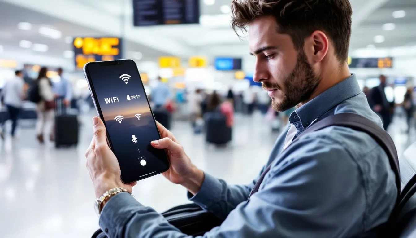 A traveler is using a smartphone to explore various connectivity options, including WiFi, local SIM, and mobile hotspot, to ensure they stay connected while traveling abroad. The image highlights the importance of choosing the right cellular data, such as Verizon Travel Pass, to manage data usage and avoid roaming charges.