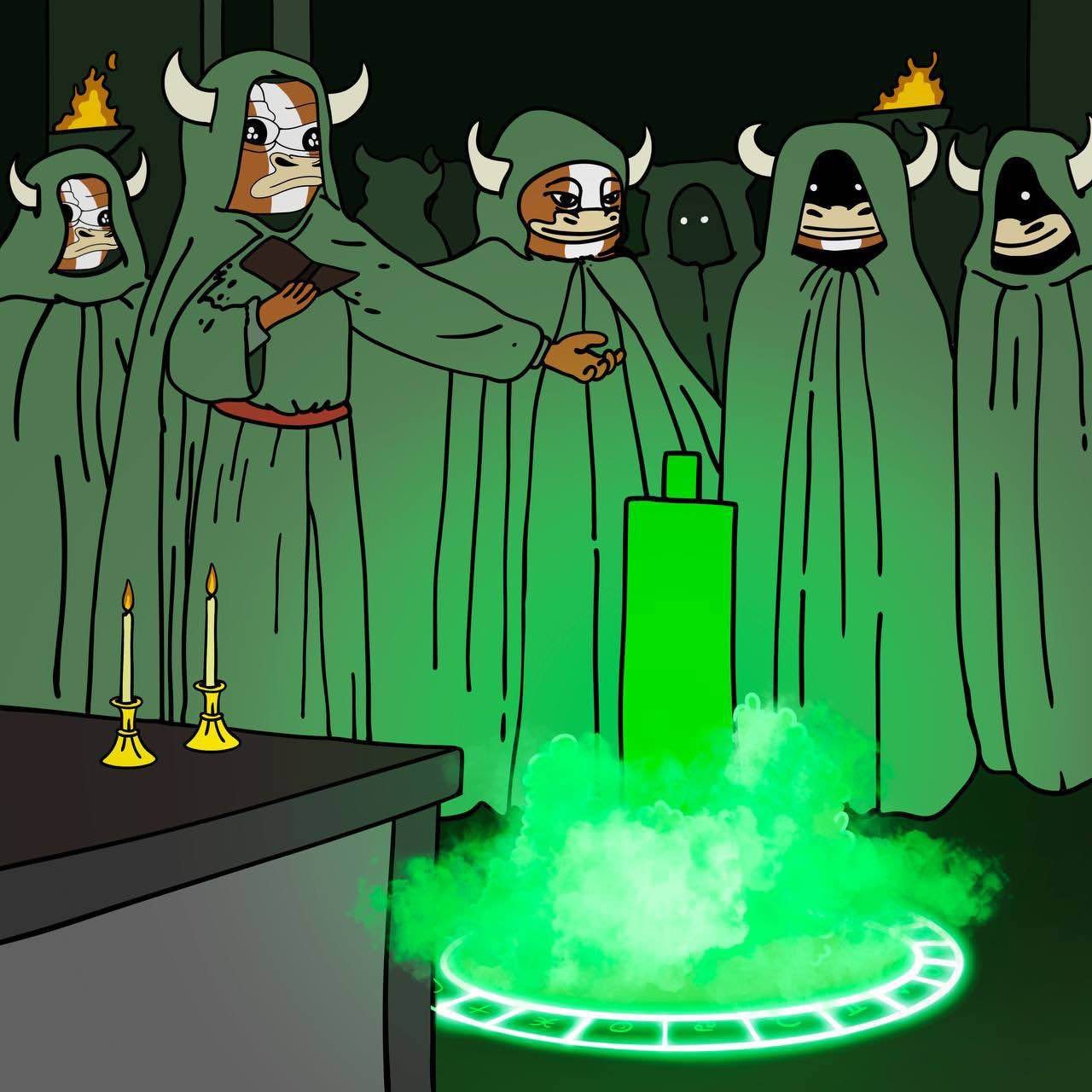 An illustration of meme bulls around a large green candle. 