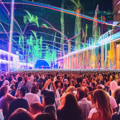 Crowd of people at a virtual festival in a digital world 