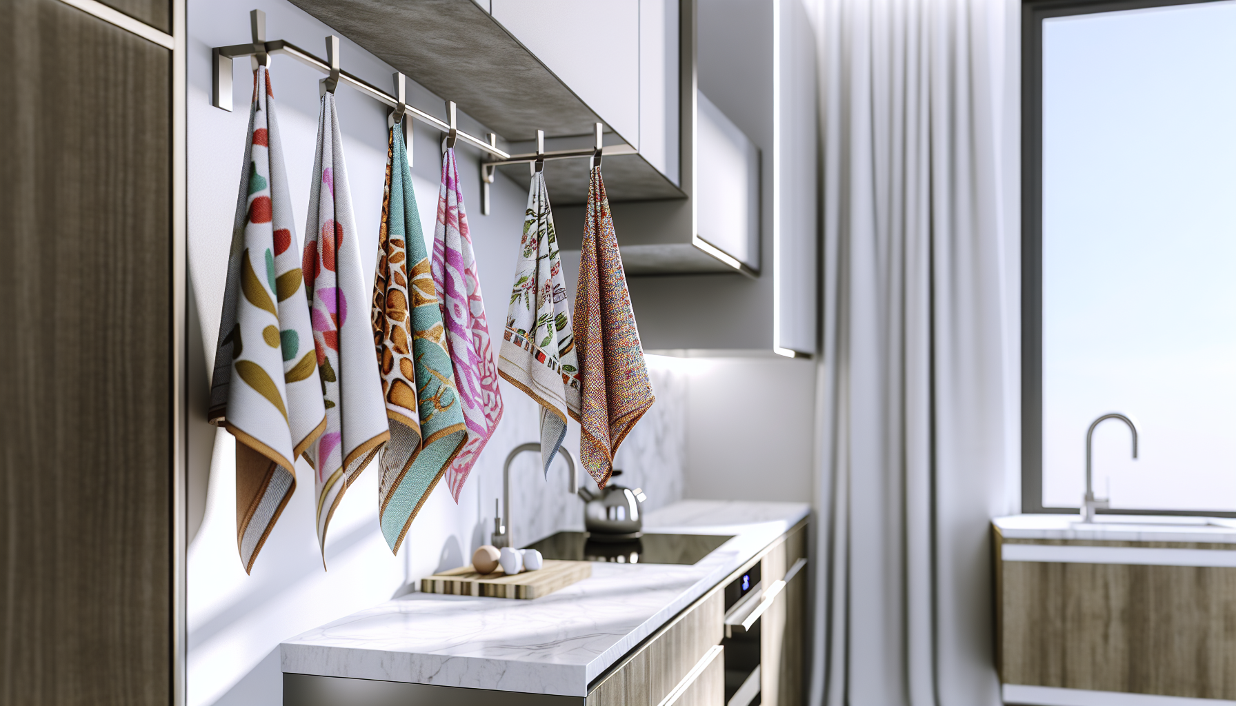 Custom tea towels hanging in a stylish kitchen