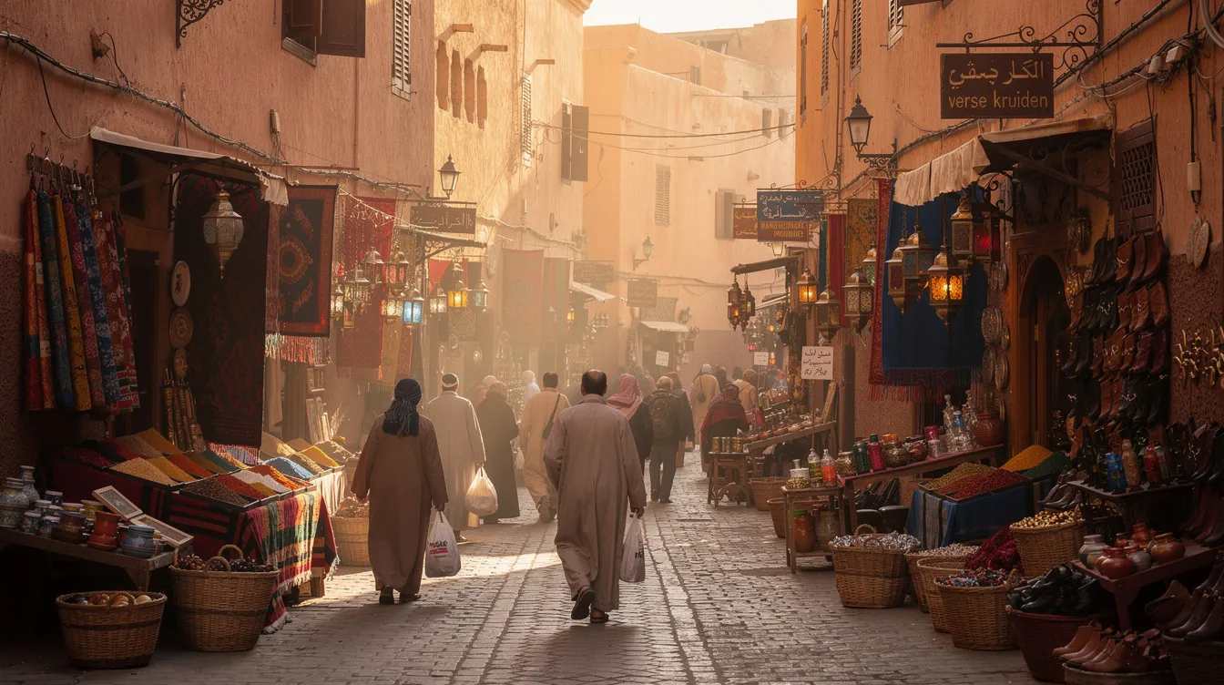 Een drukke smalle straat in een Marokkaanse medina, vol met voetgangers en kleurrijke kraampjes die lokale producten verkopen. De sfeer is levendig, met de geur van specerijen in de lucht en het geluid van onderhandelingen tussen verkopers en klanten.