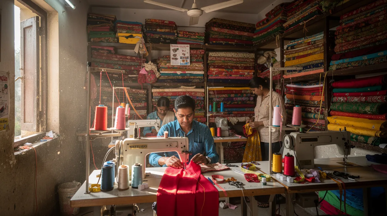 a45d8cb1 323c 47e4 acdf cba9b4f0661b The image depicts a small Indian tailoring workshop filled with industrial sewing machines and vibrant fabric rolls neatly arranged on shelves, showcasing an environment dedicated to the creation of readymade garments. This setting is ideal for entrepreneurs looking to explore opportunities under the mudra loan project, emphasizing the importance of project logistics details and financial analysis for small businesses.
