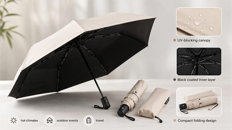 UV sun umbrella with compact folding design and black coated inner canopy