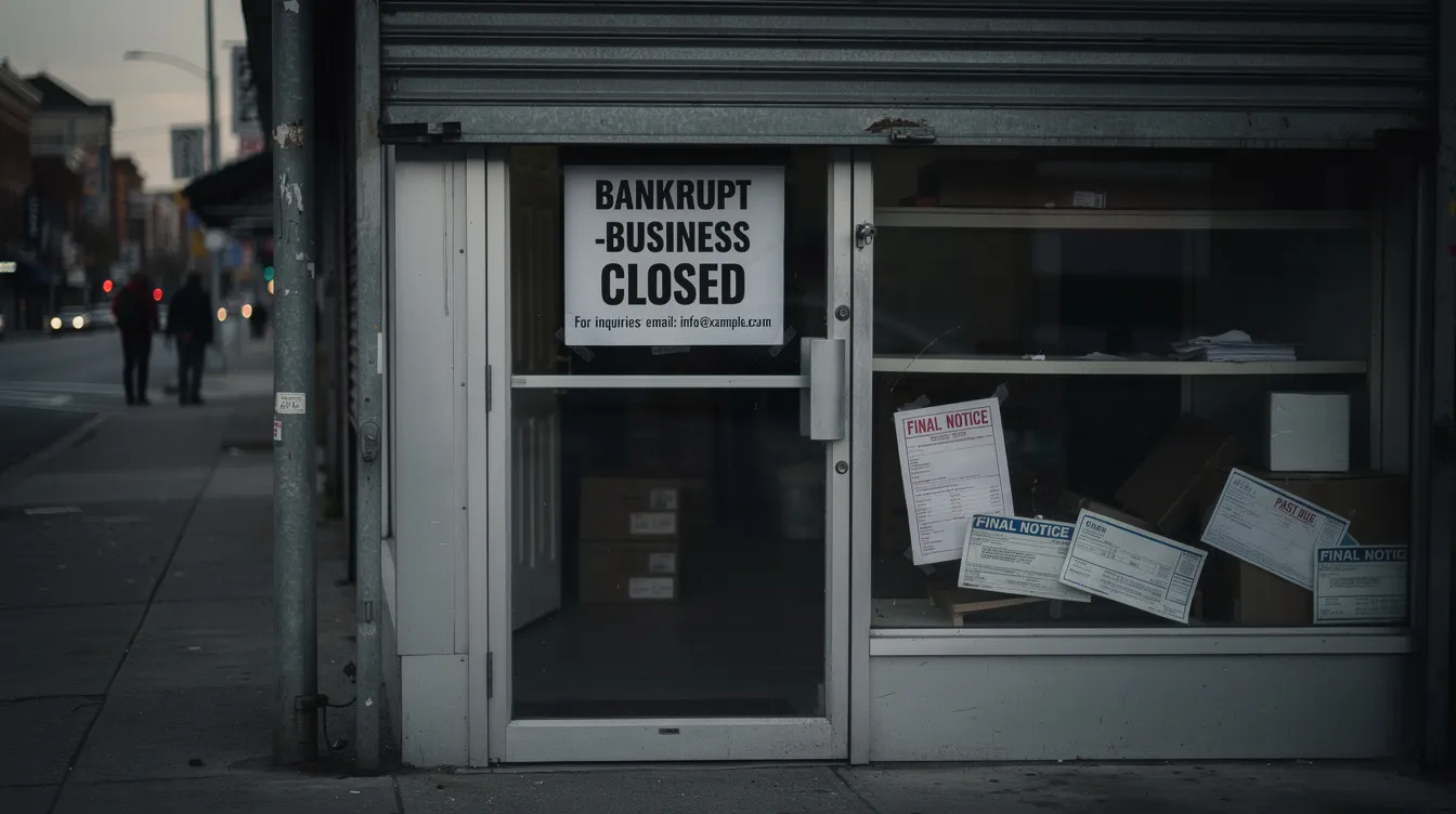 The image depicts a business office with a distressed atmosphere, symbolizing financial turmoil and bankruptcy. Papers are scattered on the desk, and a "Bankruptcy Filing" notice is prominently displayed, illustrating the challenges of managing tax debts and federal income taxes.