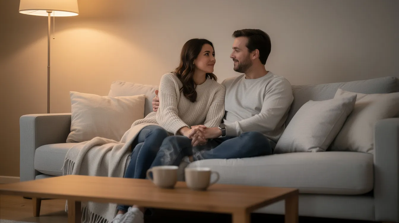 A couple sits comfortably on a couch, engaged in a calm conversation over coffee, embodying a healthy relationship with mutual respect and meaningful dialogue. Their body language, including eye contact and relaxed posture, suggests they are discussing relationship problems in a supportive manner, focusing on feeling connected and understanding each other's concerns.