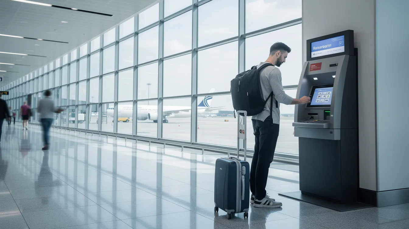 A traveller stands in front of an ATM machine at an airport terminal, preparing to withdraw cash using their HSBC UK debit card. The busy terminal atmosphere surrounds them, highlighting the convenience of accessing funds while abroad.