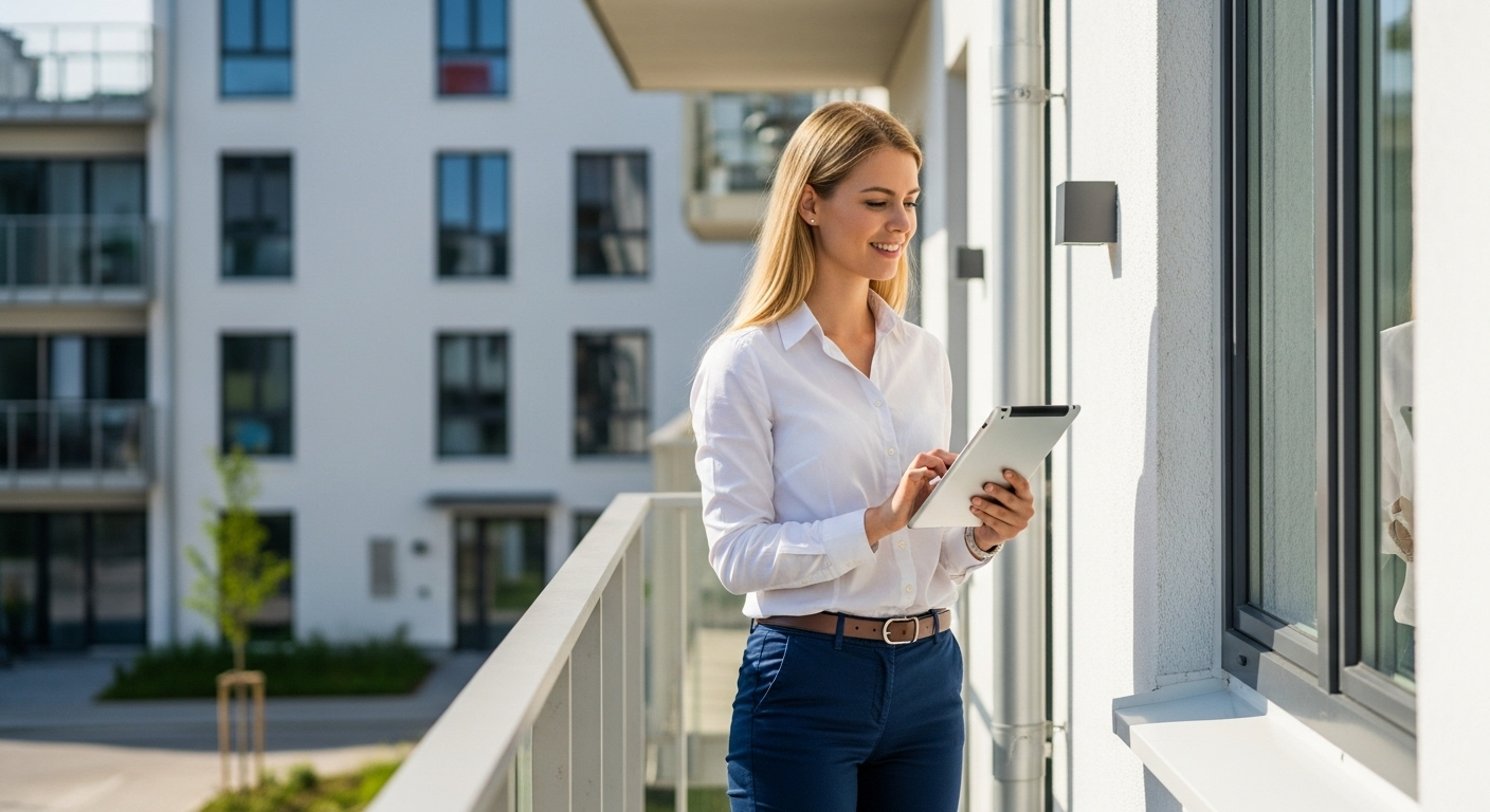 Effektiv förvaltning - Kvinna på en balkong tittar på sin Ipad