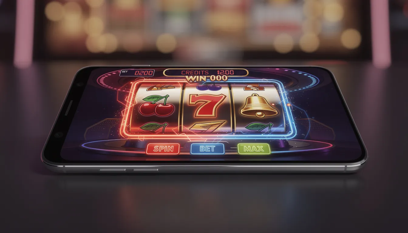 En modern smartphone visar en färgglad slotmaskin med teman från ett online casino, där spelaren kan vinna free spins och bonusar. Den livliga grafiken och animationerna gör att spelet ser spännande ut för nya spelare som vill komma igång med supersnabbt casino.