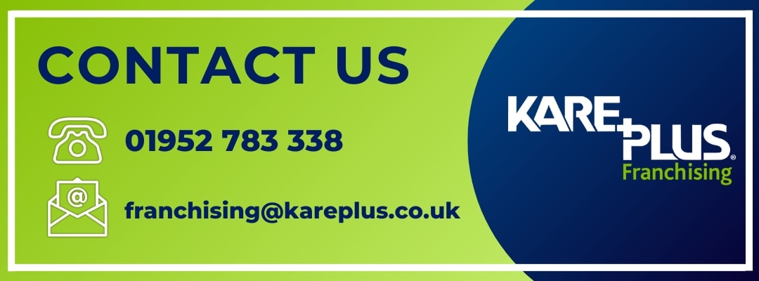 A contact us banner in green and dark blue with the Kare Plus Franchising logo, telephone number and email address.