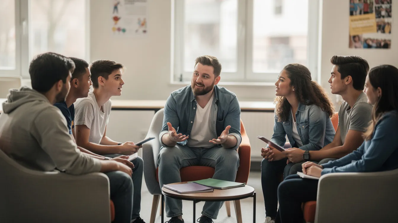 A group of supportive teenagers is seated in a circle, engaged in a discussion facilitated by a caring adult. This environment promotes healing and well-being, reflecting principles of trauma-informed care, as they share experiences and coping strategies related to mental health and trauma recovery.