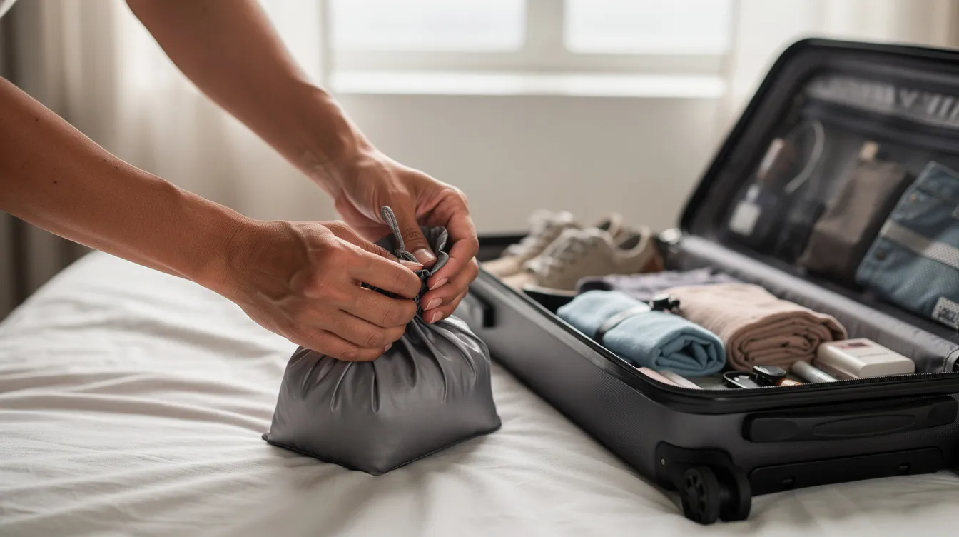 A pair of hands is folding a small nylon laundry bag into a compact square, positioned next to an open suitcase, suggesting it is ready for travel. The bag is likely intended for organizing dirty clothes or delicate items during trips.