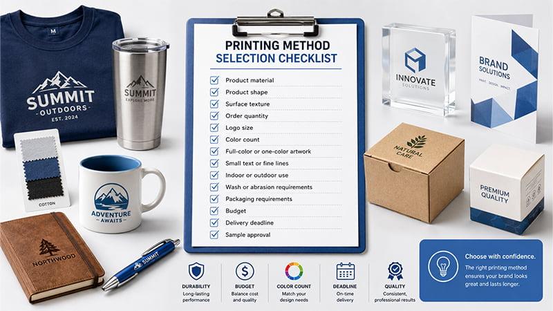 Printing method selection checklist for material shape texture quantity logo size color count budget deadline and sample approval