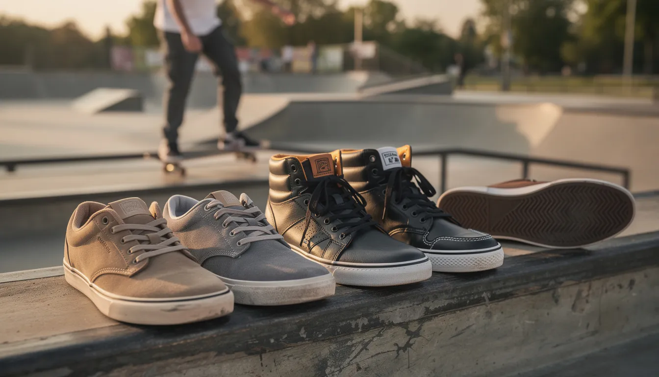 The image depicts a side-by-side comparison of various skate shoes designed for skateboarding, showcasing different styles such as vulcanized shoes and cupsole skate shoes. The focus is on features like ankle support, toe caps, and the shoe's durability, highlighting their suitability for tricks and overall skating experience.