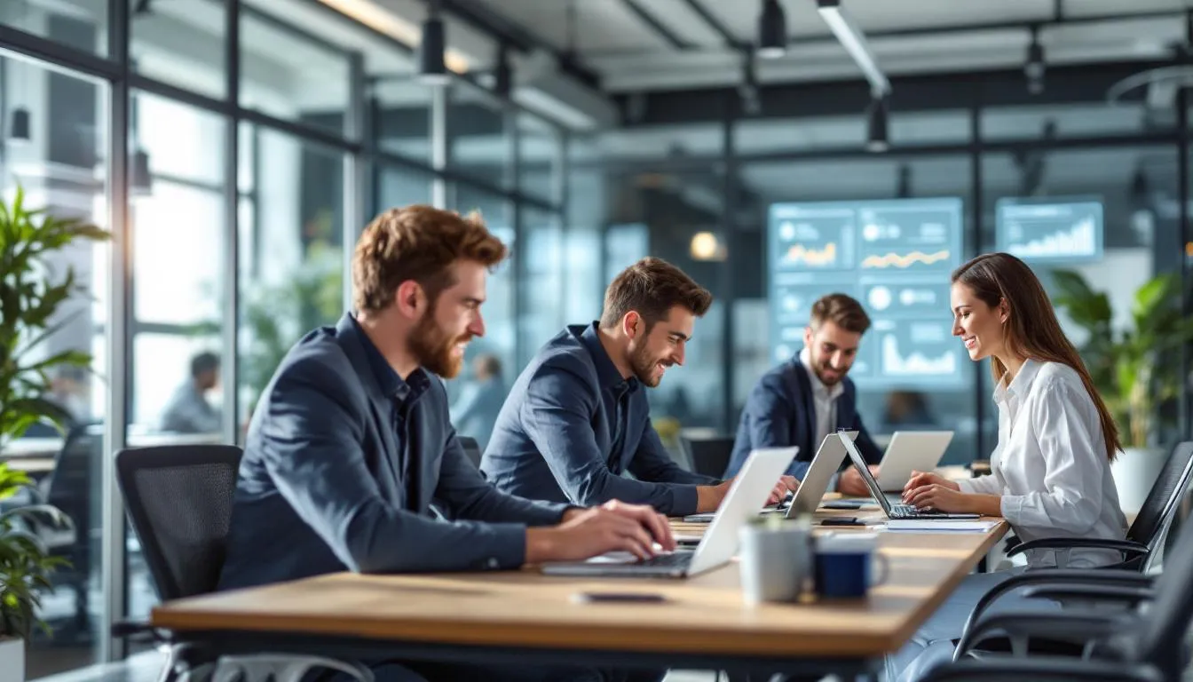 The image illustrates a bustling office environment of a leading digital marketing agency, showcasing a diverse in-house team collaborating on innovative solutions for various marketing strategies. Creative campaigns are displayed on screens, highlighting the agency's focus on driving growth through data analytics and integrated digital marketing services across social media platforms.