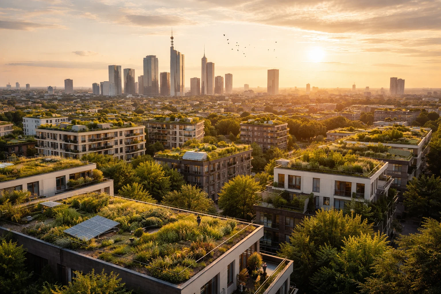 Urban skyline showing multiple green roofs contributing to sustainability and biodiversity across the city.