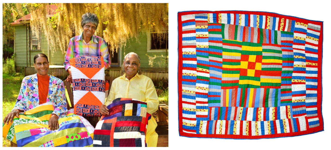 Mary Lee Bendolph, Loretta Pettway, and Lucy Mingo in 2015, as well as a quilt by Lucy Mingo on the right