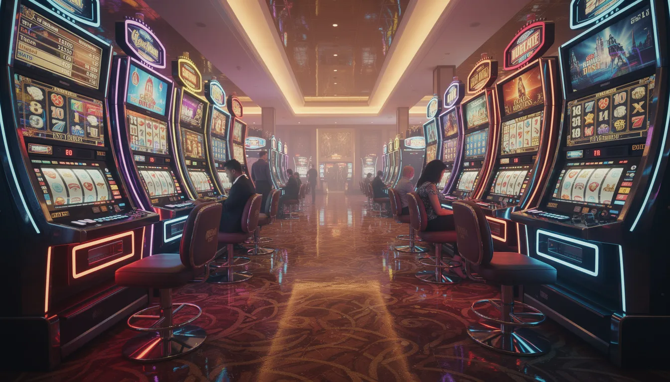 En färgglad casinogolv med många spelautomater och starka ljus som skapar en livlig atmosfär. Här kan spelare uppleva spänningen av casinospel, inklusive klassiska bordsspel och slots, hos Unibet.