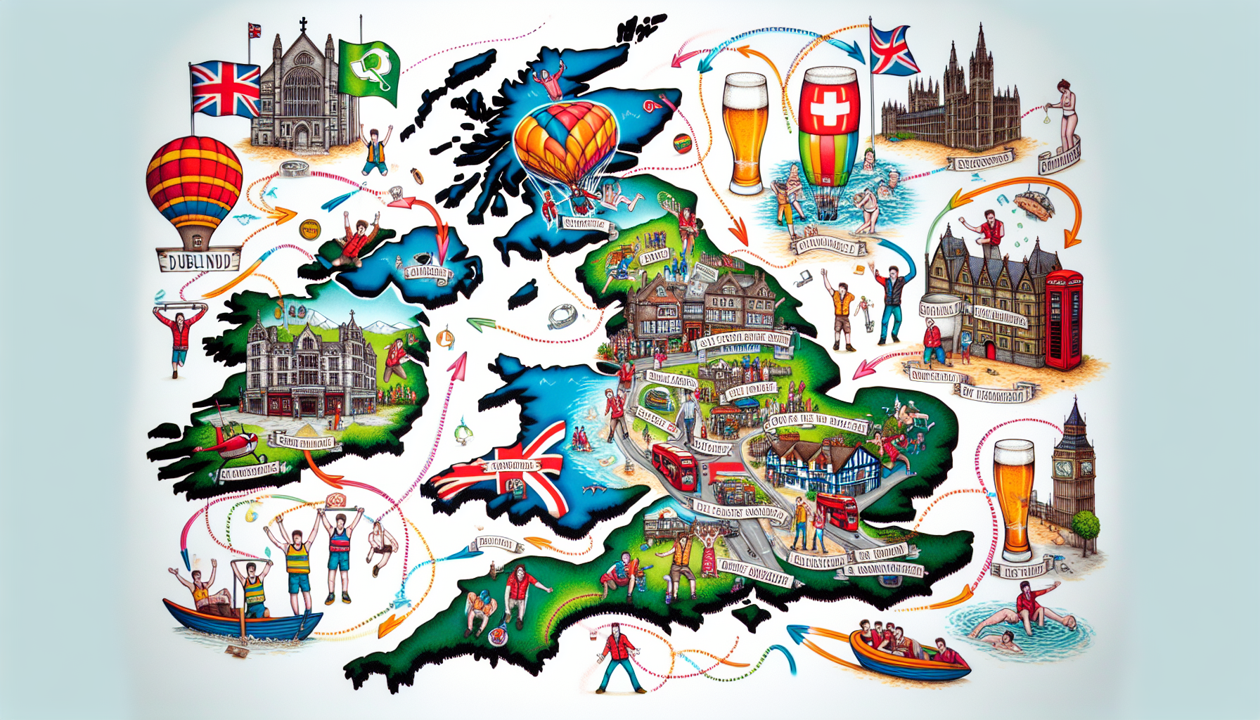 Illustration af populære JGA-destinationer i Storbritannien og Europa.