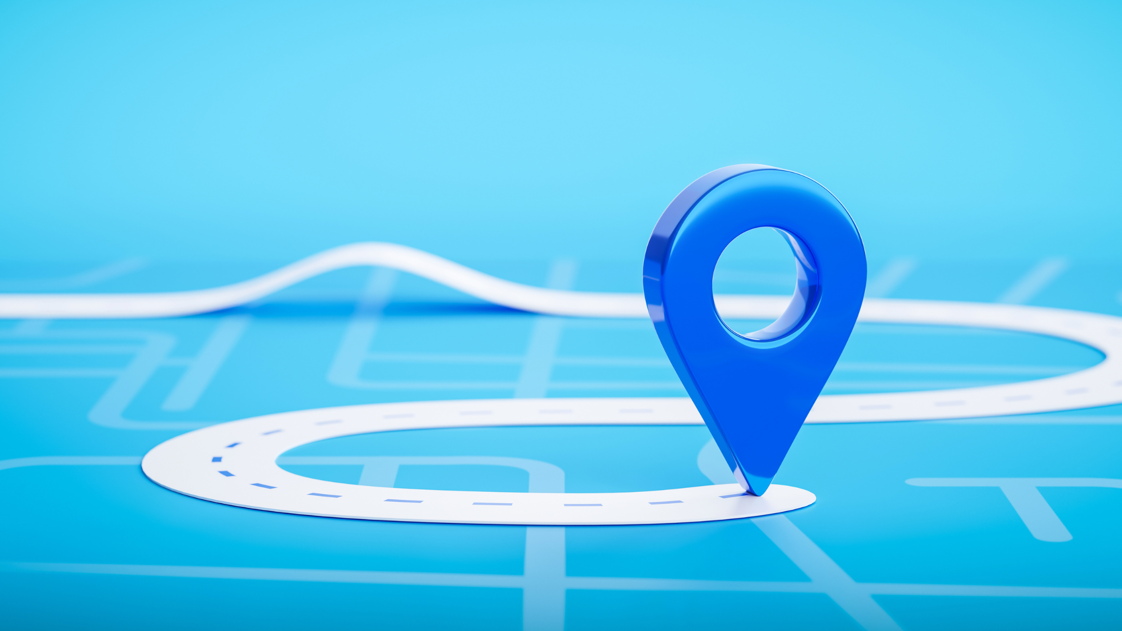 Blue map pin on a curved path, symbolizing platform evolution, user-driven business communications, and future innovations.