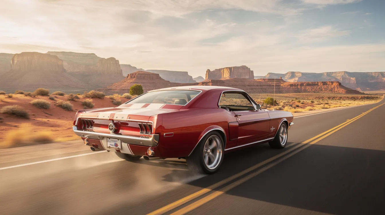 A classic American muscle car is cruising along a scenic highway, surrounded by a vast desert landscape, showcasing its vintage charm. This image captures the spirit of classic car enthusiasts and the allure of classic car transport services.