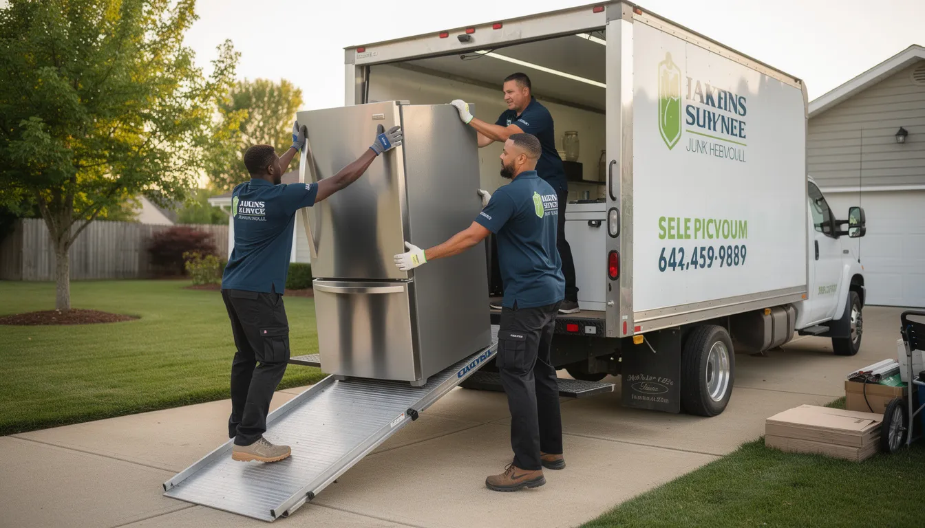 A professional team is efficiently loading a large appliance onto a junk removal truck, showcasing their reliable cleanout services. This scene highlights their expertise in handling unwanted items and heavy lifting, ensuring a smooth process for property managers and customers alike.