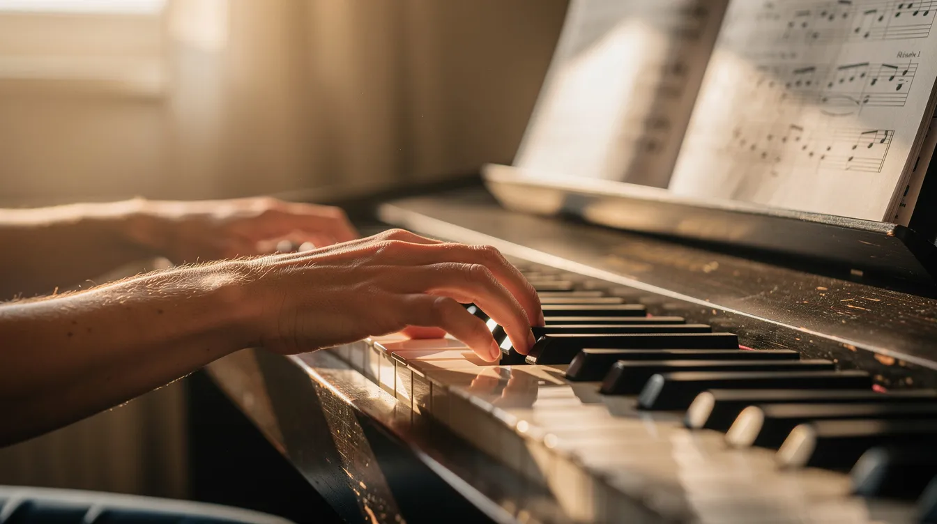 Die Hände eines Musikschülers liegen auf einer Klaviertastatur, während warmes Licht die Übungssituation beleuchtet. In dieser Szene wird die C-Dur-Tonleiter geübt, wobei die Tasten C, D, E und G-Dur in den Fokus rücken.
