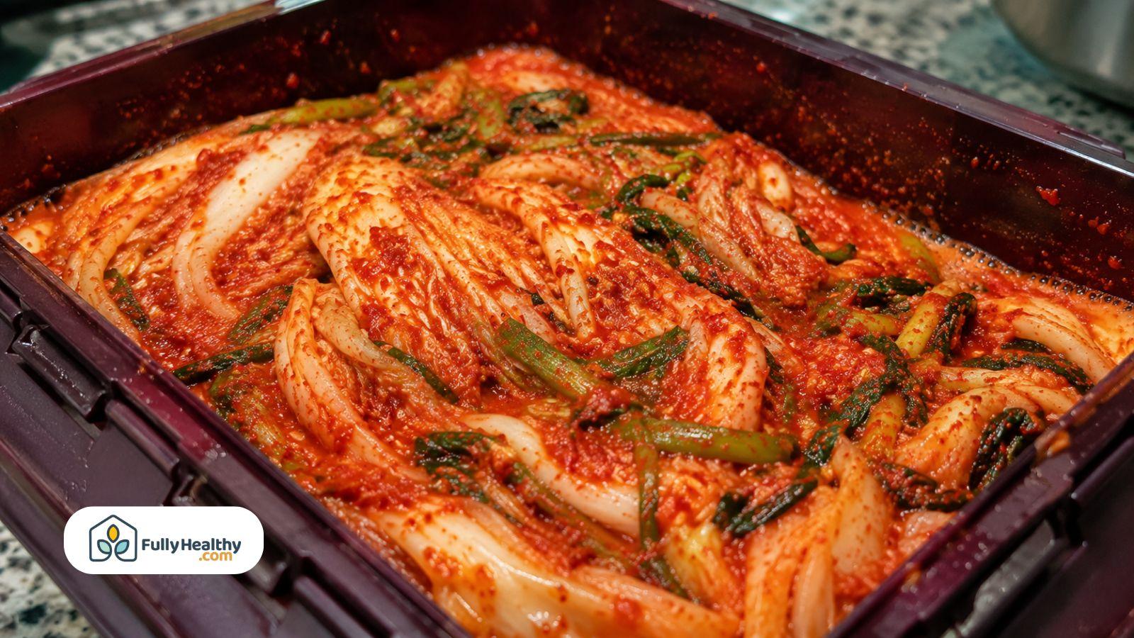 Fresh homemade kimchi fermenting in a container with napa cabbage and scallions.