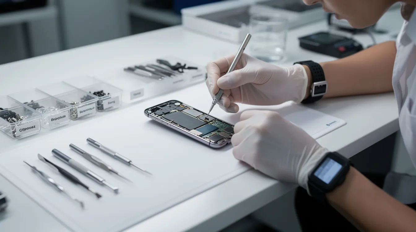 a46cf3bc f629 48d6 8ab5 1e2f88a77794 A technician is meticulously repairing a smartphone using precision tools at a clean workbench, showcasing the attention to detail required in the small business of electronics repair. This scene highlights the importance of skilled labor and the potential for profitable business ideas in the technology sector.
