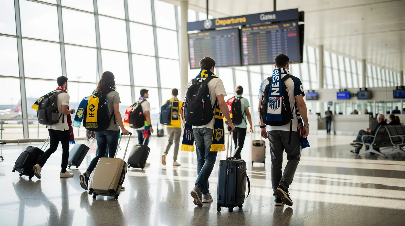 A diverse group of travelers with backpacks and football scarves is seen walking through a bustling international airport terminal, embodying the excitement of the upcoming FIFA World Cup 2026. The atmosphere is filled with anticipation as fans prepare to support their teams in the global tournament.