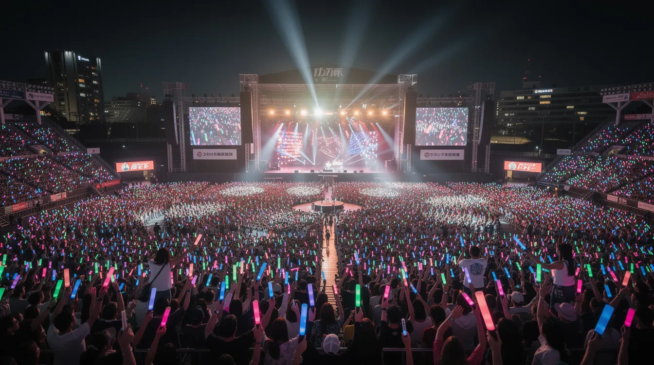 The image depicts a large concert venue in Japan, bustling with thousands of idol fans who are waving colorful glowing lights during a nighttime performance by a popular idol group. The vibrant atmosphere captures the essence of Japanese idol culture, showcasing the excitement of live performances in the entertainment industry.
