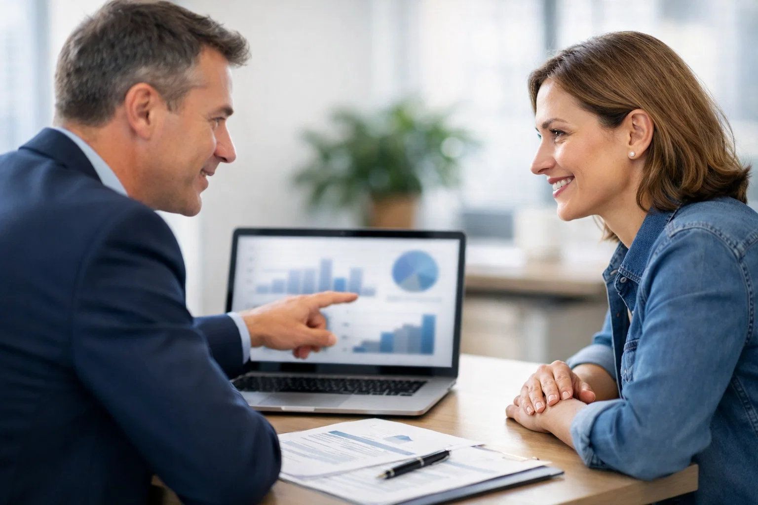 Accountant explaining business advisory services to a small business owner in a modern office.
