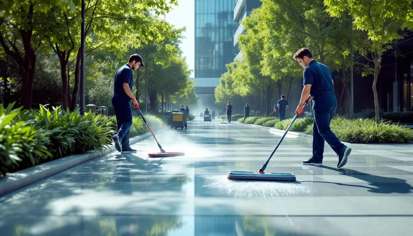 An outdoor space being maintained by professional cleaning services, ensuring a clean environment.