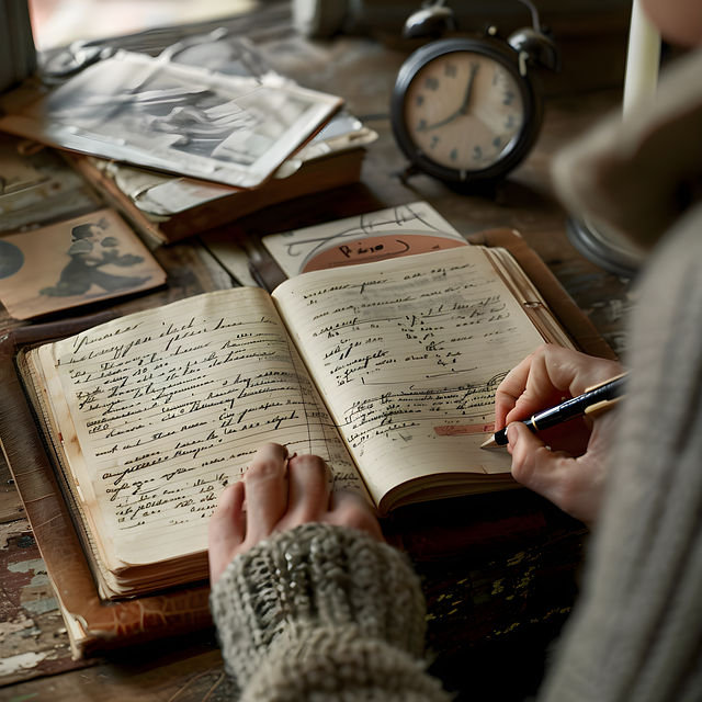 A person writing in a notebook with a pen, with a clock and pictures on the desk.