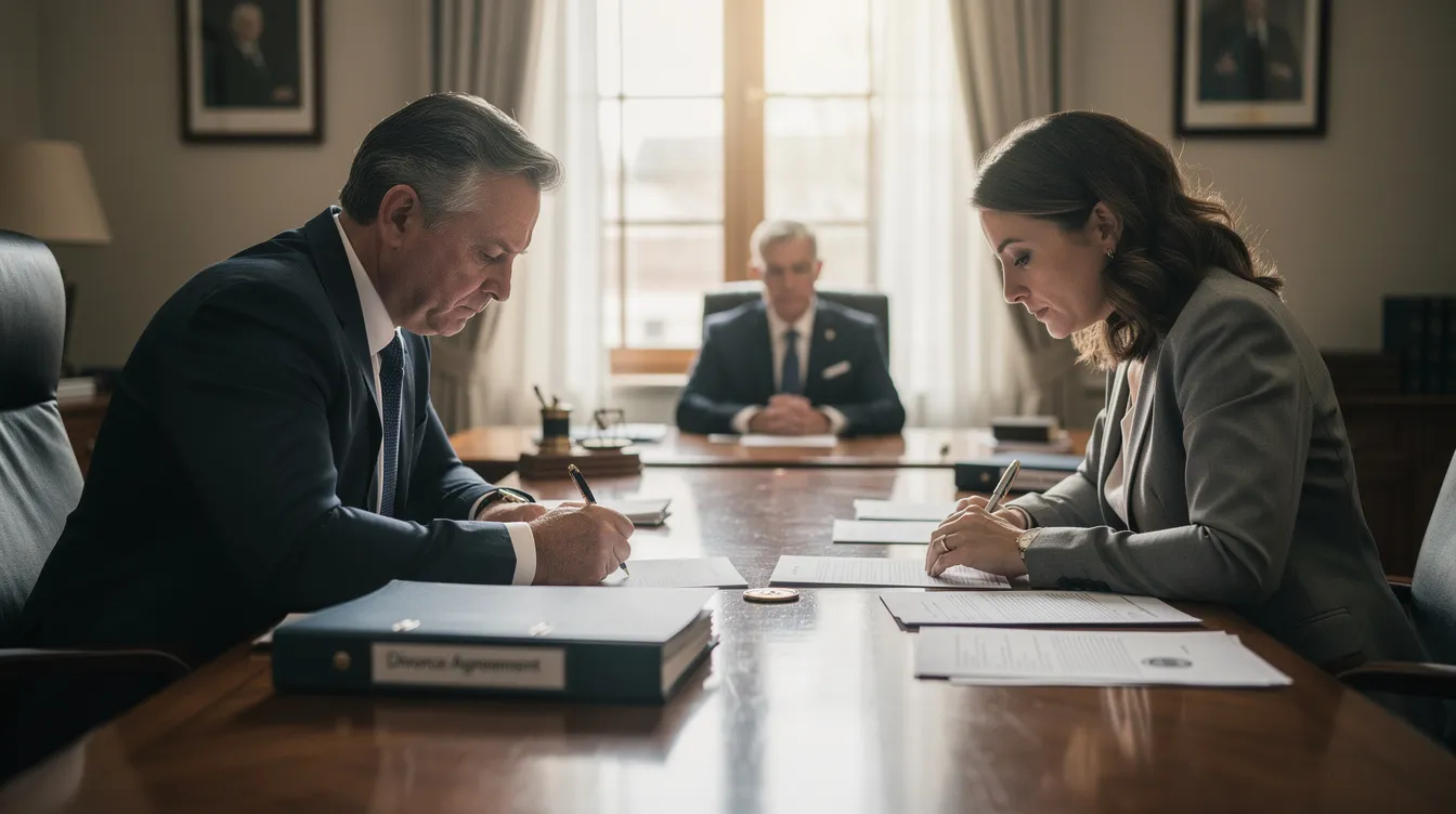 An image depicting a couple sitting across from each other at a table, appearing tense and engaged in a serious conversation about their divorce process. The scene captures the emotional weight of their decision-making process, highlighting the need for professional help and support as they navigate this life-altering decision.
