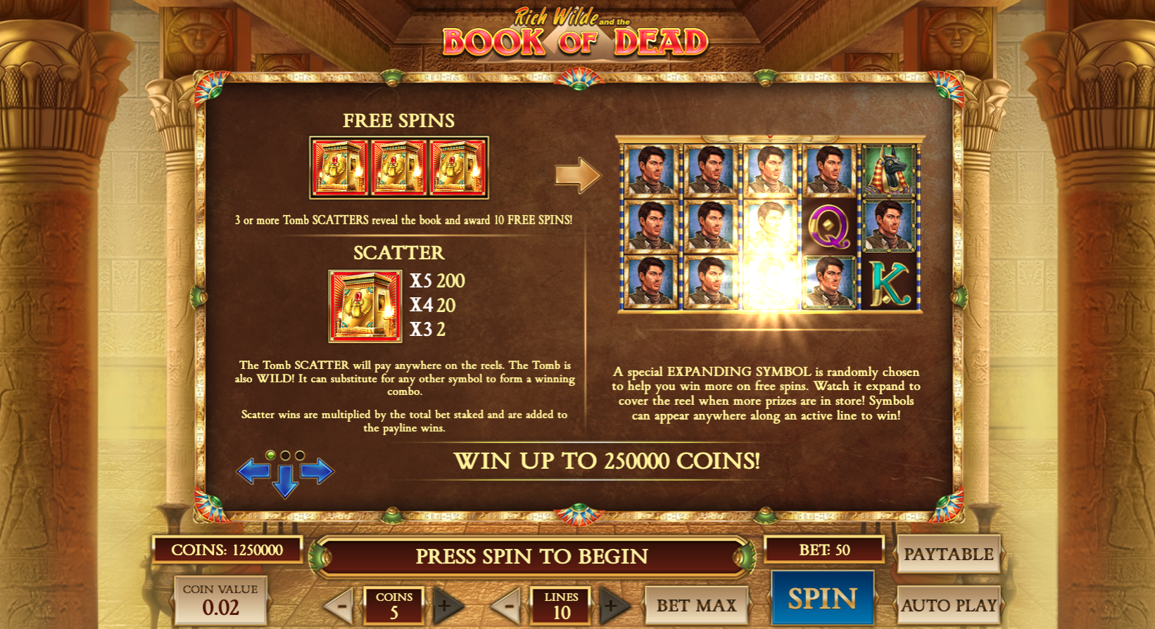 Uitleg van de Book of Dead free spins met scatter-symbool, Wild en Expanding Symbol.