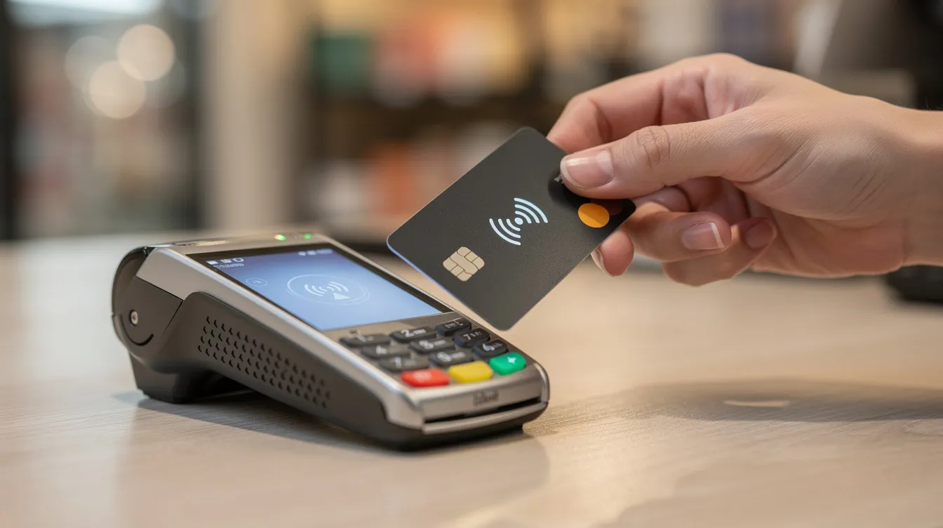 A close-up image shows a person's hand tapping a debit card against a contactless payment terminal at a shop counter, highlighting the convenience of modern payment transactions. This method allows for quick payments, making it a popular choice for consumers in India.