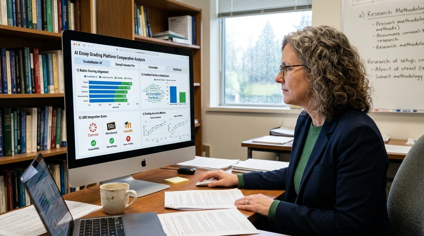 Educator comparing multiple AI essay grading platforms on a dashboard with rubric scoring, feedback quality, LMS integration, and grading accuracy metrics