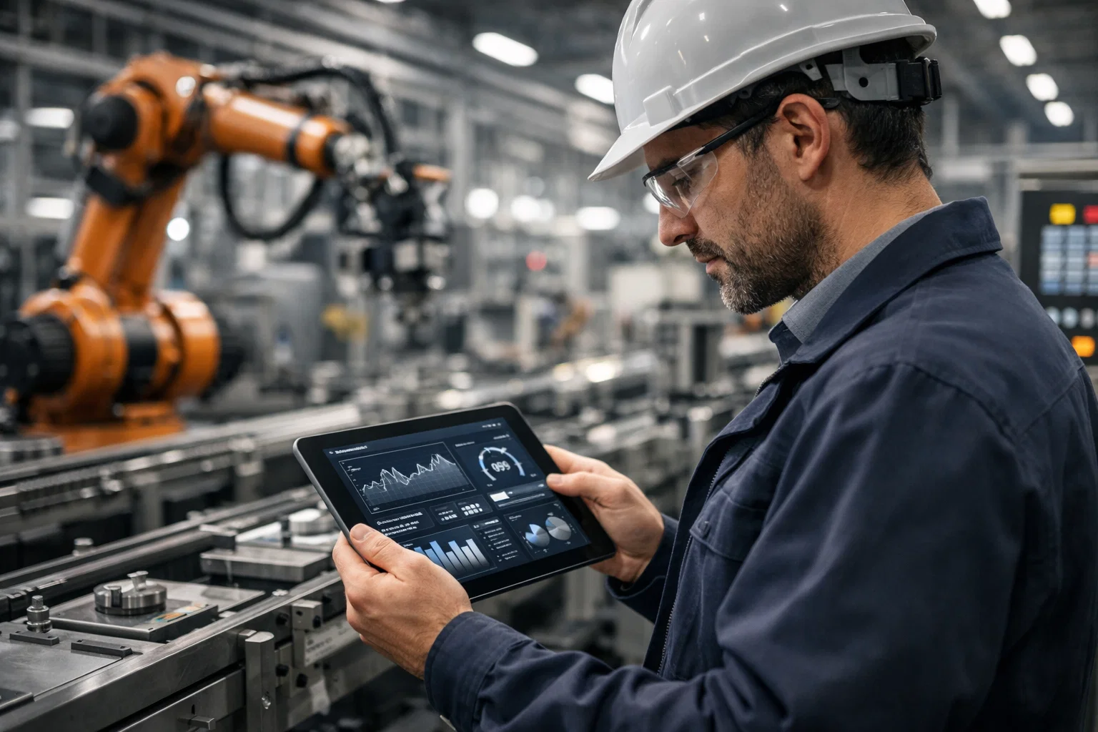 Mechanical engineer analysing and optimising manufacturing processes on an automated production line.
