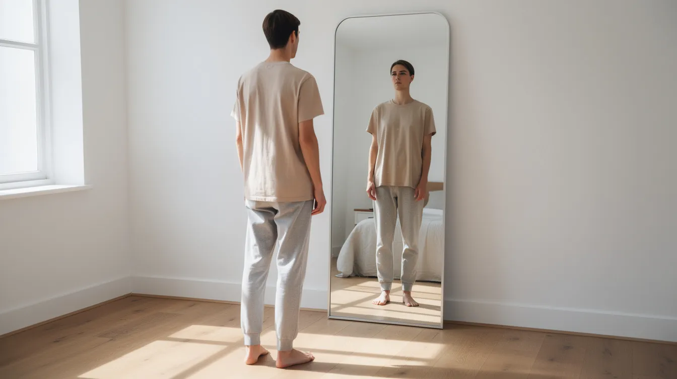 A person stands in front of a full-length mirror, wearing neutral clothing that highlights their body shape as they assess the results of their recent liposuction procedure. The natural light streaming in from a nearby window illuminates their figure, showcasing the healing process and the changes in body contours following the surgery.