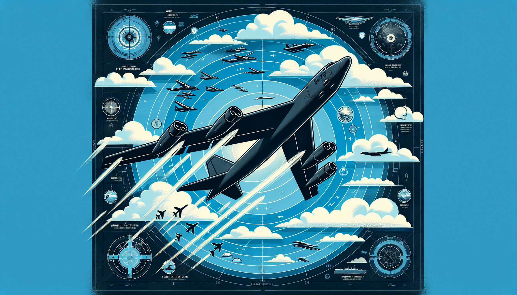 An illustration depicting the strategic roles of the B-52 Bomber in military operations.