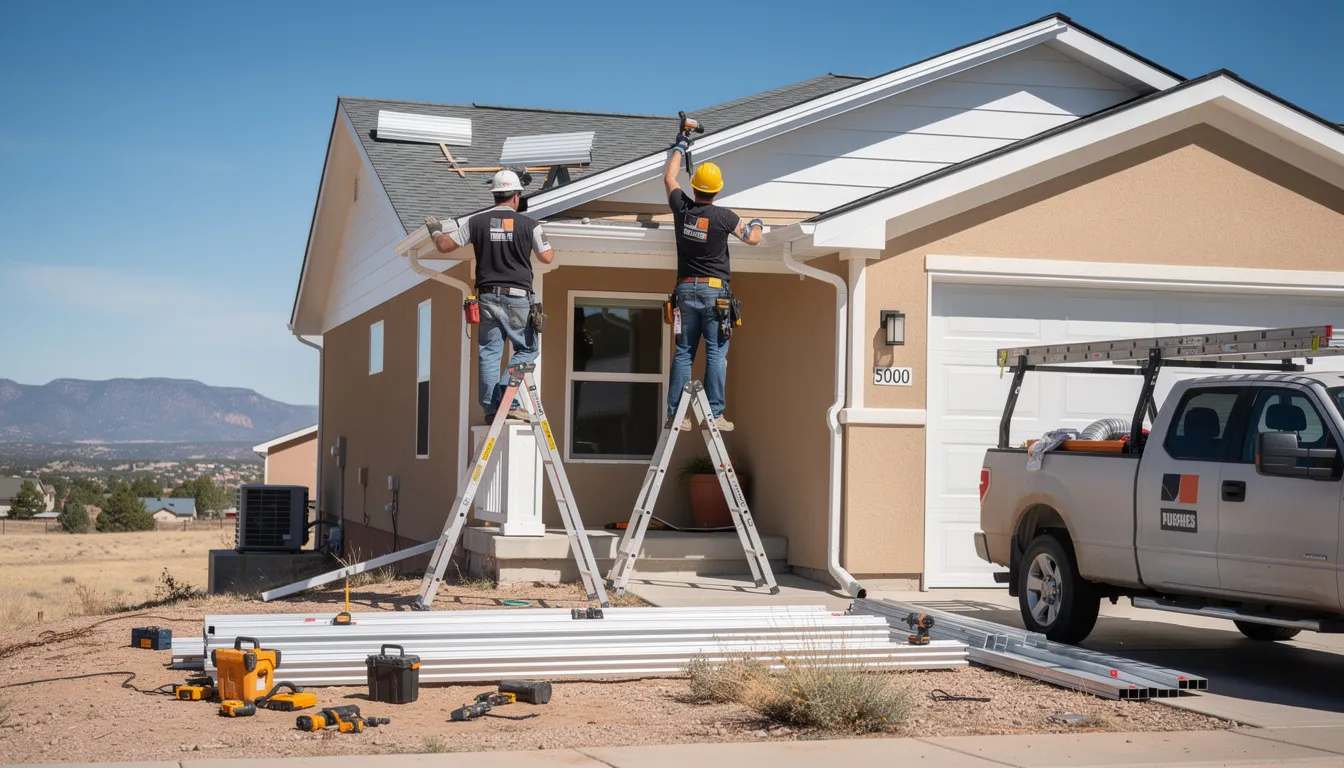 A professional gutter installation team is working on a Southern Colorado home, carefully installing seamless gutters to protect the property from water damage and ensure proper rainwater drainage. The skilled workers are focused on providing exceptional service and a perfect fit for the home's gutter system, which is essential for maintaining the structure and preventing costly repairs.