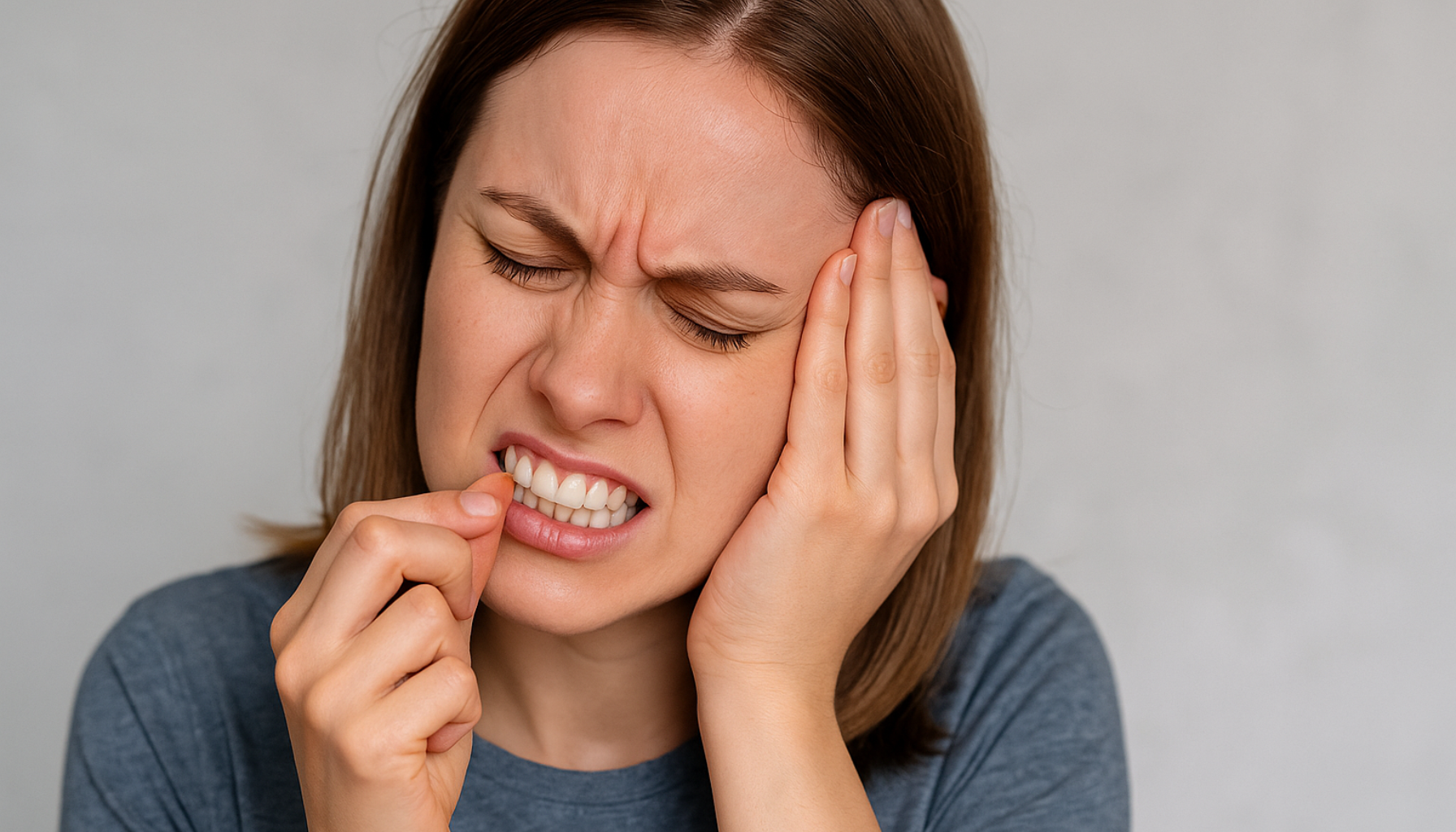 "Kvinne opplever smerte i tinningen mens hun tygger, holder hånden mot hodet og viser tydelig ubehag i ansiktet."